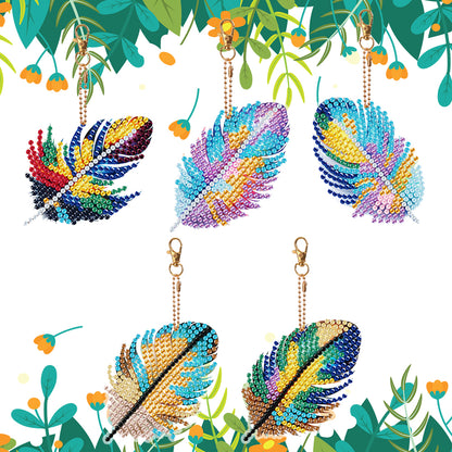 5Pcs Double Sided Feather Diamond Painting Art Keychain Pendant DIY Crafts Decor