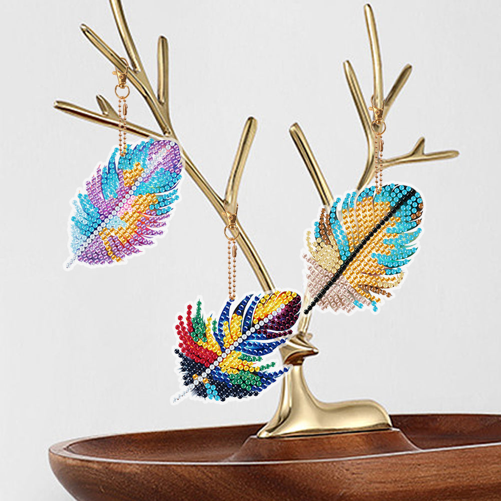 5Pcs Double Sided Feather Diamond Painting Art Keychain Pendant DIY Crafts Decor