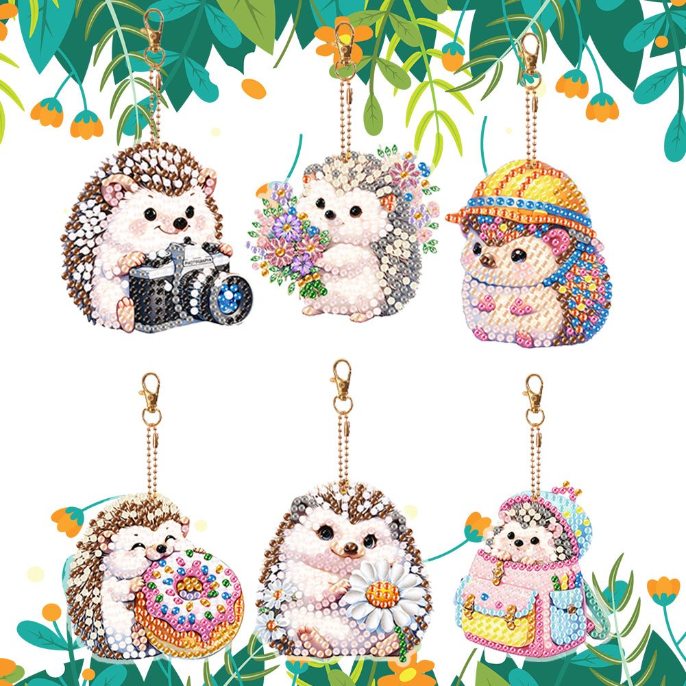 6Pcs Diamond Art Keyring Double Sided Diamond Painting Keychain (Hedgehog)