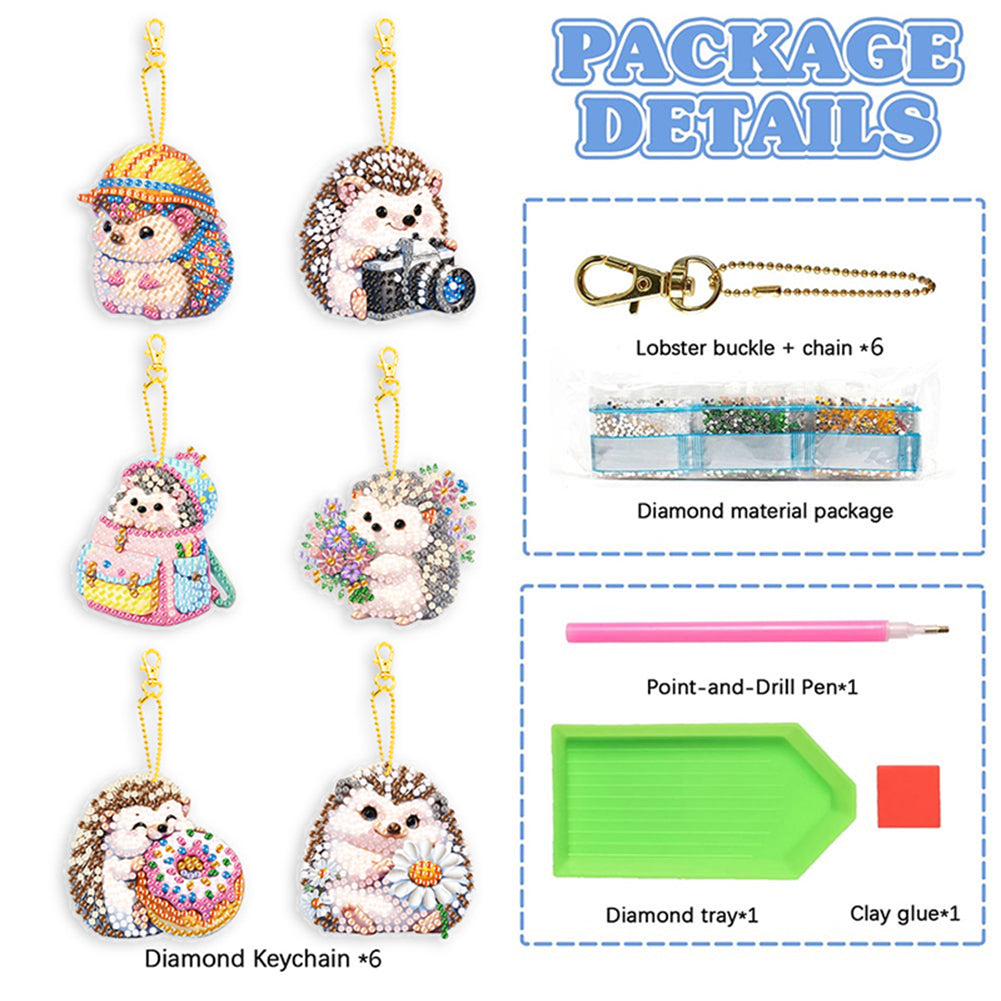 6Pcs Diamond Art Keyring Double Sided Diamond Painting Keychain (Hedgehog)