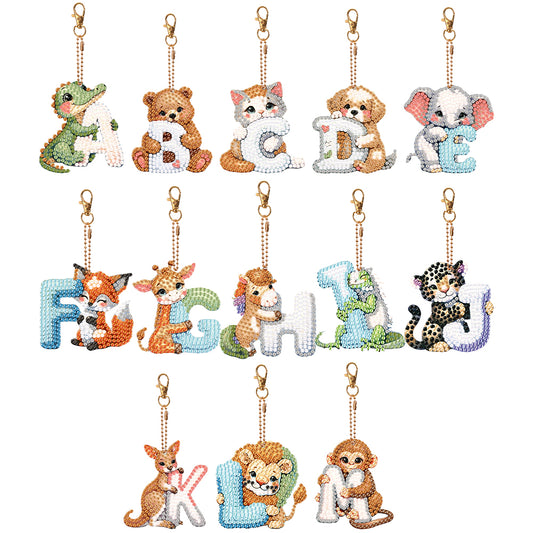 13Pcs Double Sided Special Shaped A-M Letter Animal Diamond Art Keyring Decor