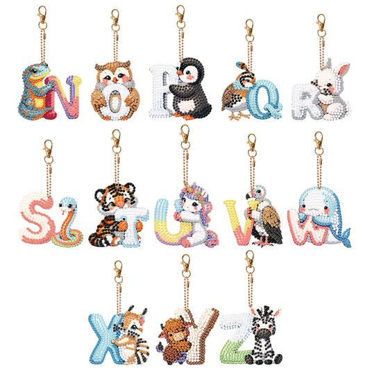 13Pcs Double Sided Special Shaped N-Z Letter Animal Diamond Art Keyring Decor