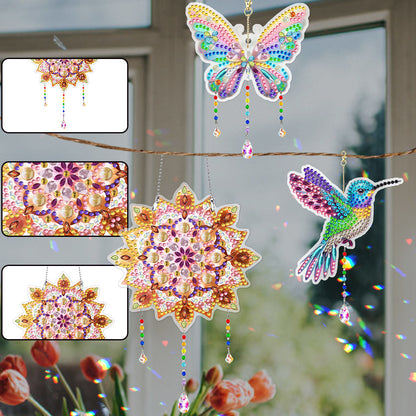 3Pcs Acrylic Double Sided Flower Animal Hanging Diamond Art Painting Suncatchers