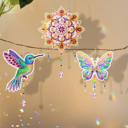 3Pcs Acrylic Double Sided Flower Animal Hanging Diamond Art Painting Suncatchers