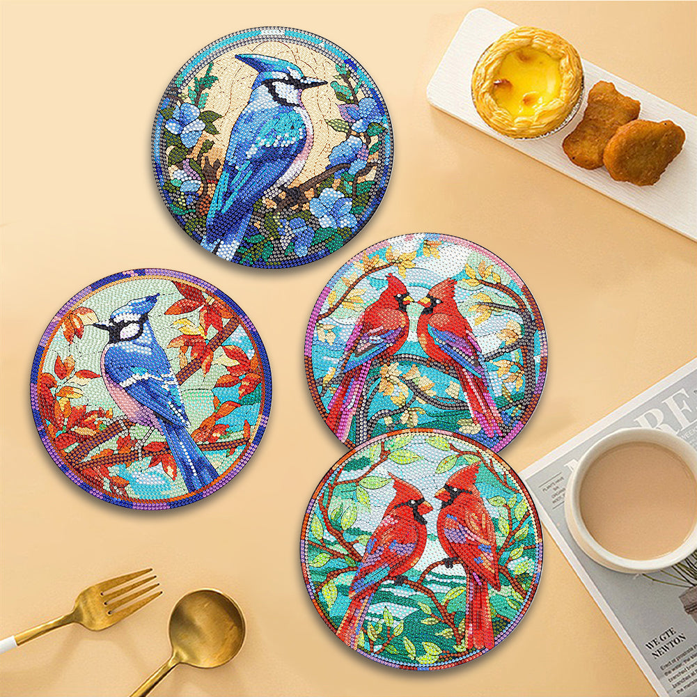 4Pcs Diamond Painting Coasters Bird In The Tree DIY Diamond Art Crafts Projects