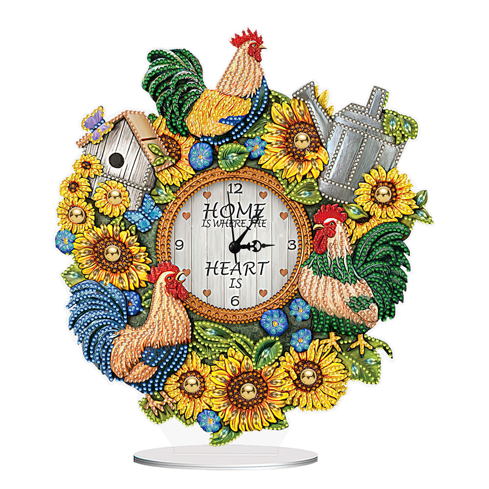 Acrylic Special Shaped Sunflower Cock 5D Diamond Painting Clock Art Craft