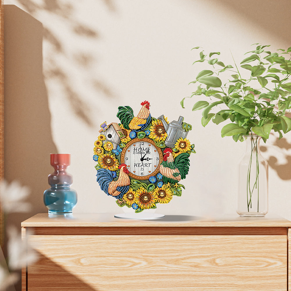 Acrylic Special Shaped Sunflower Cock 5D Diamond Painting Clock Art Craft