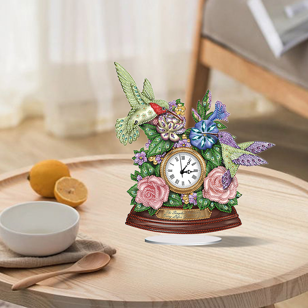 Acrylic Special Shaped Flower Hummingbird 5D Diamond Painting Clock Art Craft