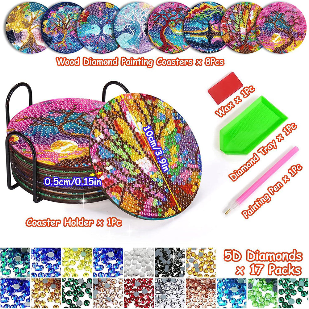 8Pcs Tree of Life Diamond Painting Coasters with Holder for Party Decor