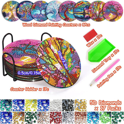 8Pcs Tree of Life Diamond Painting Coasters with Holder for Party Decor