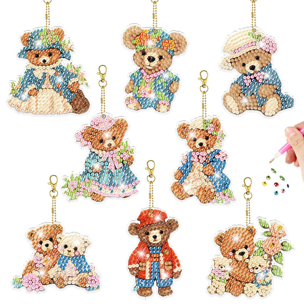 8Pcs Acrylic Double Sided Special Shaped Bear Diamond Painting Keychain Pendant