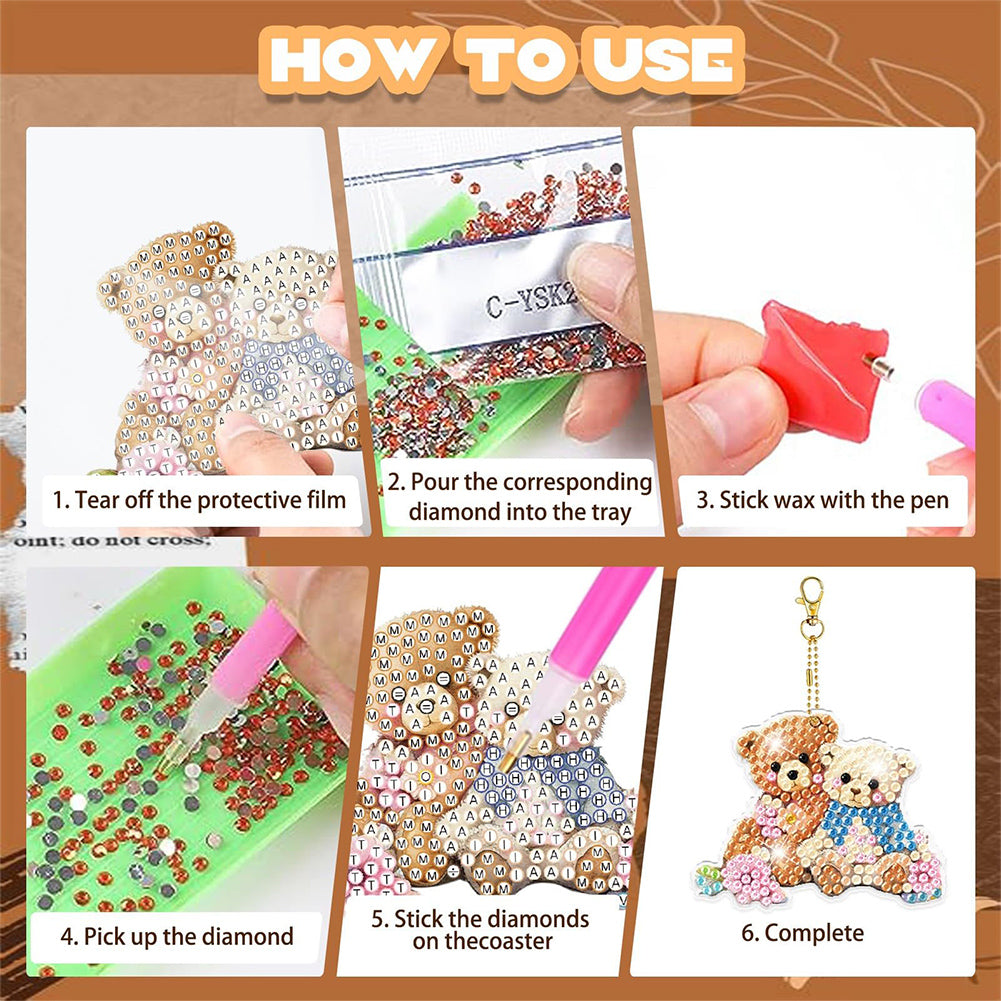 8Pcs Acrylic Double Sided Special Shaped Bear Diamond Painting Keychain Pendant