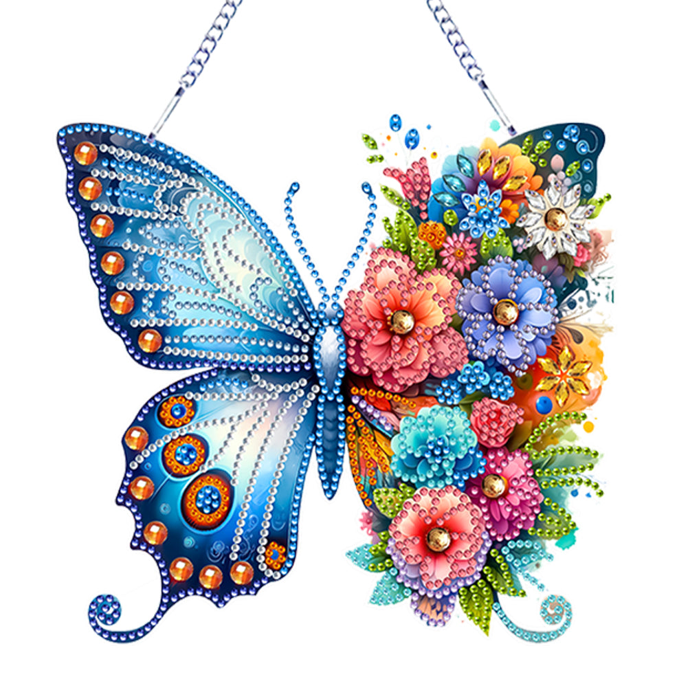 Acrylic Butterfly and Flowers Diamond Painting Hanging Pendant Decor (Blue)