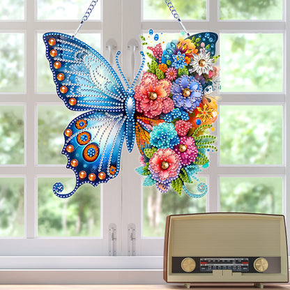 Acrylic Butterfly and Flowers Diamond Painting Hanging Pendant Decor (Blue)