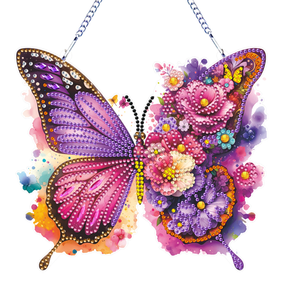 Acrylic Butterfly and Flowers Diamond Painting Hanging Pendant Decor (Purple)