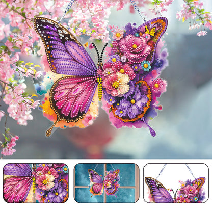 Acrylic Butterfly and Flowers Diamond Painting Hanging Pendant Decor (Purple)