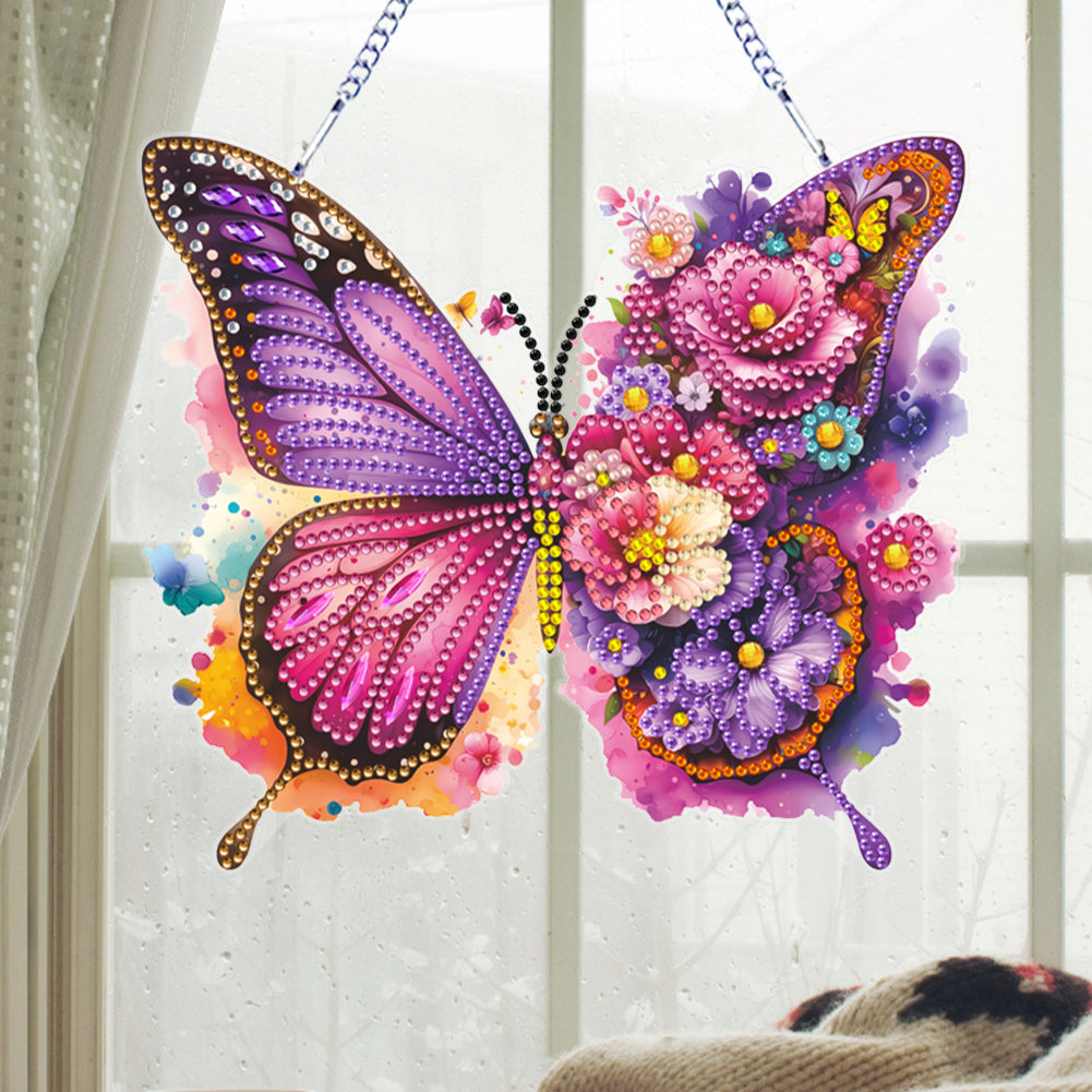 Acrylic Butterfly and Flowers Diamond Painting Hanging Pendant Decor (Purple)