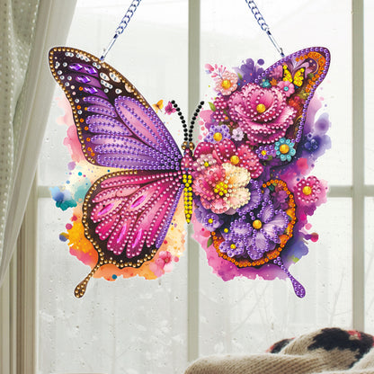 Acrylic Butterfly and Flowers Diamond Painting Hanging Pendant Decor (Purple)