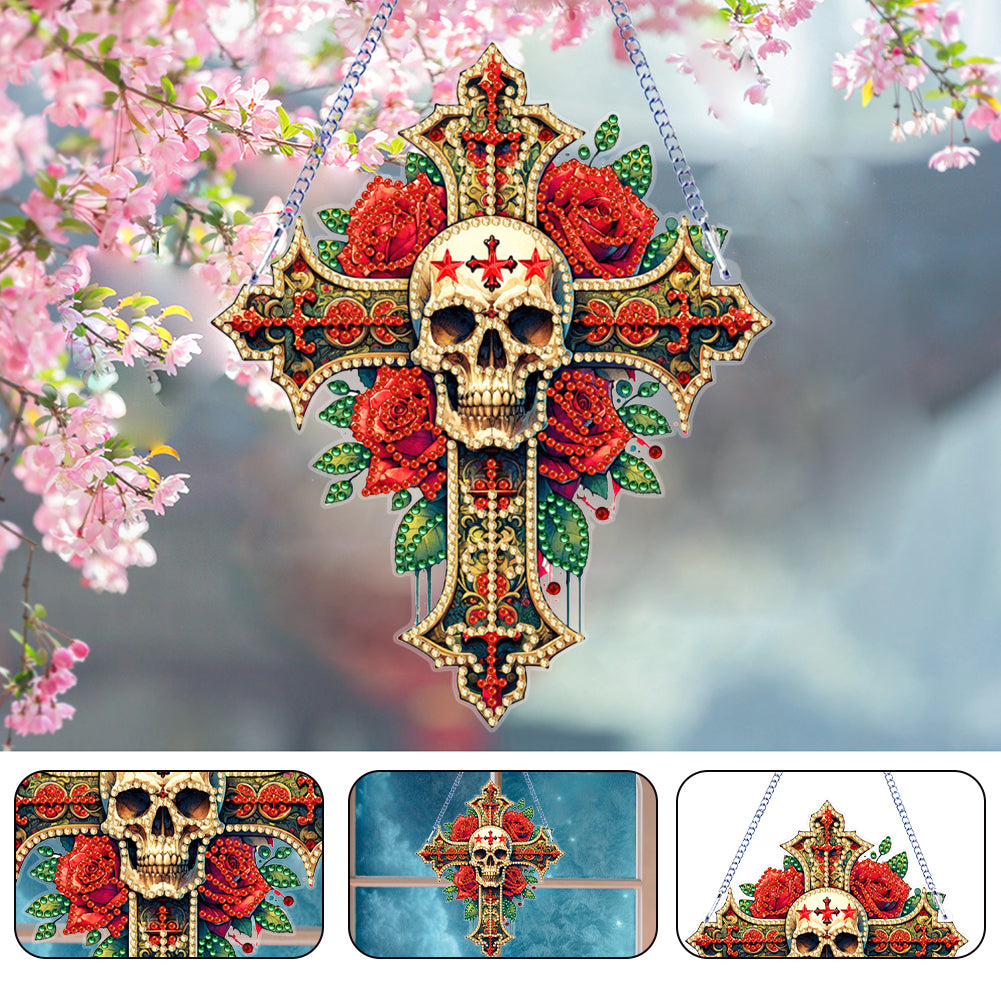 Acrylic Cross Diamond Painting Hanging Pendant Home Decor (Rose Skull Cross)