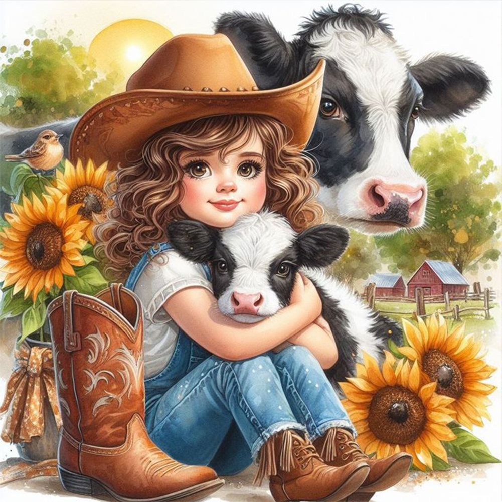 Girl And Cow - Full Round Drill Diamond Painting 30*30CM