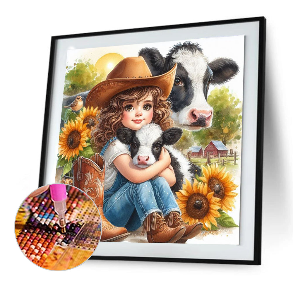 Girl And Cow - Full Round Drill Diamond Painting 30*30CM