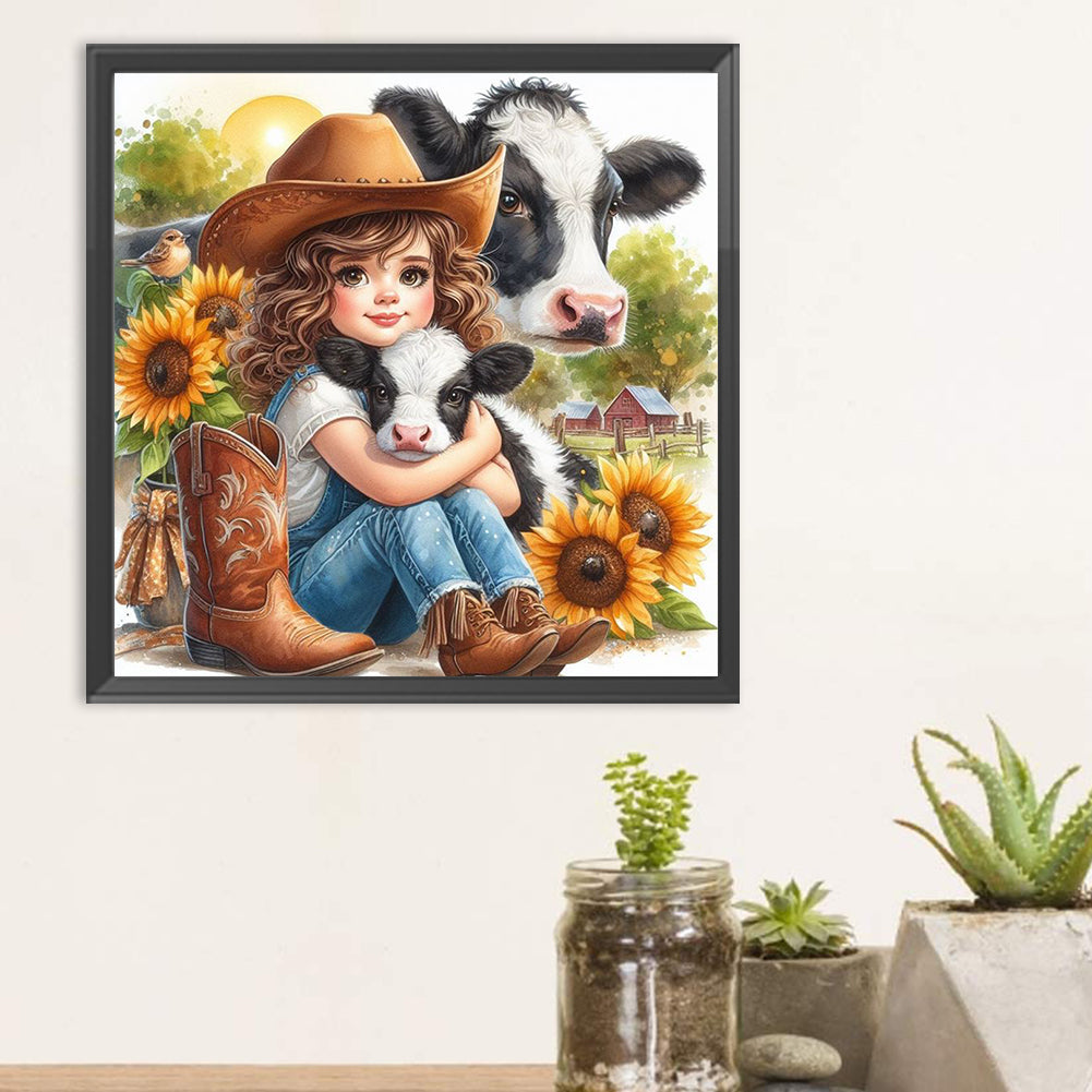 Girl And Cow - Full Round Drill Diamond Painting 30*30CM