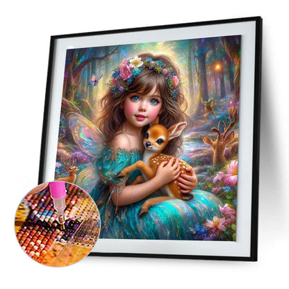 Girl And Deer - Full Round Drill Diamond Painting 30*30CM