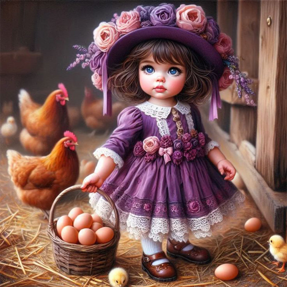 Girl And Chicken - Full Round Drill Diamond Painting 30*30CM