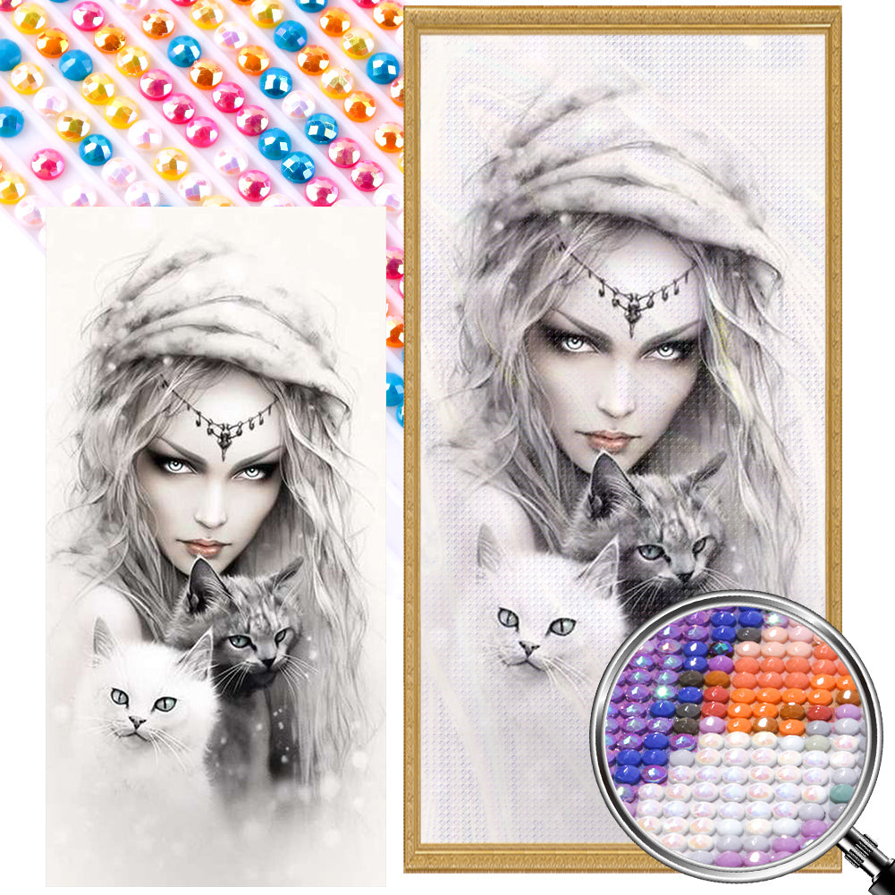 Girl And Cat - Full Round Drill Diamond Painting 40*80CM