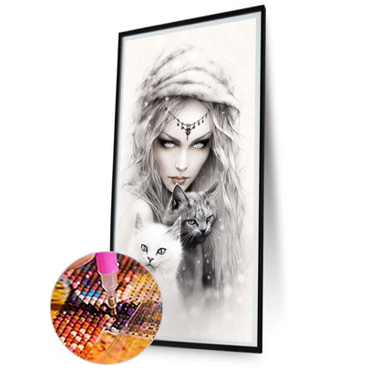 Girl And Cat - Full Round Drill Diamond Painting 40*80CM