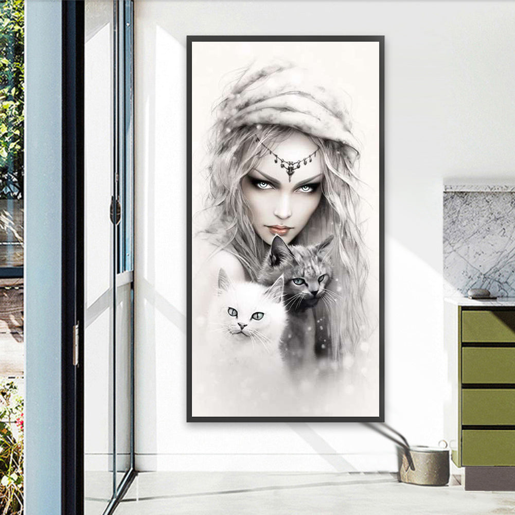 Girl And Cat - Full Round Drill Diamond Painting 40*80CM