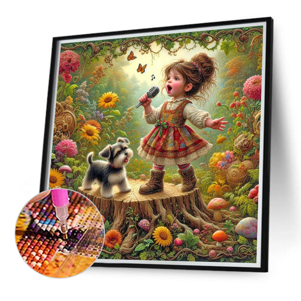 Little Girl Performing In The Garden - Full Round Drill Diamond Painting 40*40CM