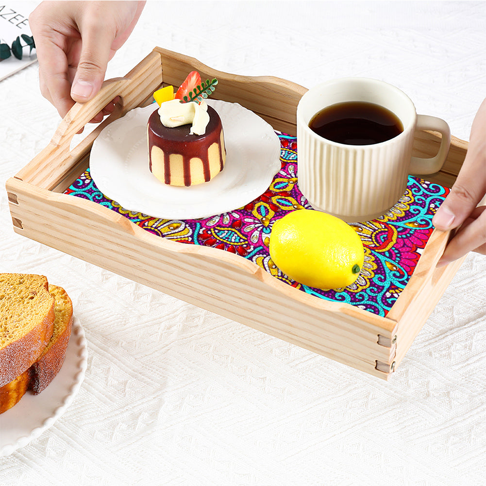 Wooden Retro Pattern 5D DIY Diamond Painting Serving Tray with Handle Home Decor