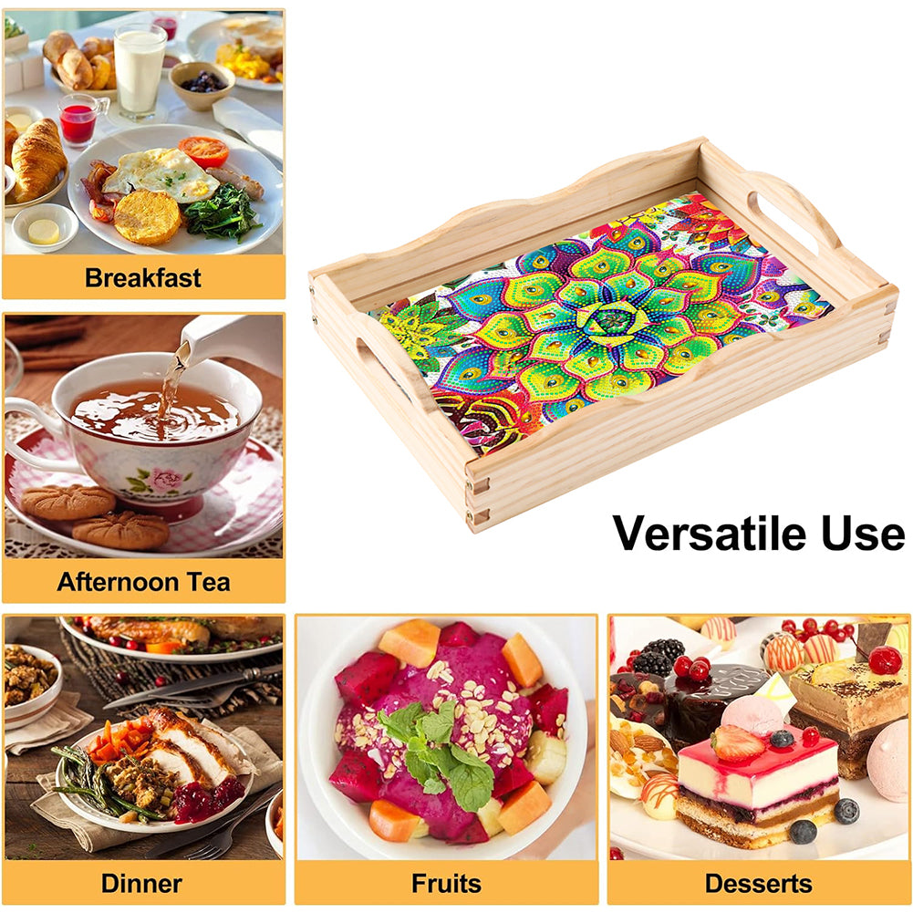 Wooden Retro Pattern 5D DIY Diamond Painting Serving Tray with Handle Home Decor