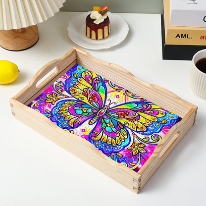 Wooden Butterfly Pattern 5D DIY Diamond Painting Table Serving Tray with Handle