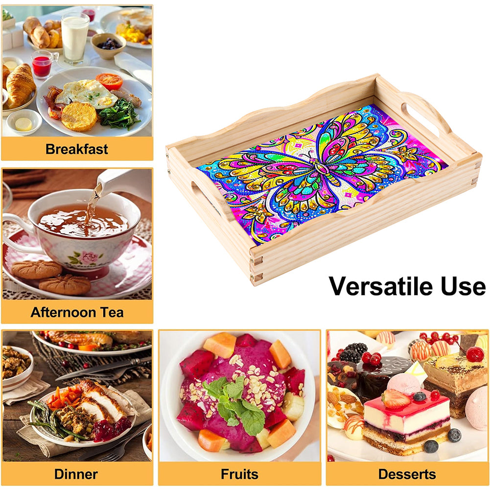 Wooden Butterfly Pattern 5D DIY Diamond Painting Table Serving Tray with Handle