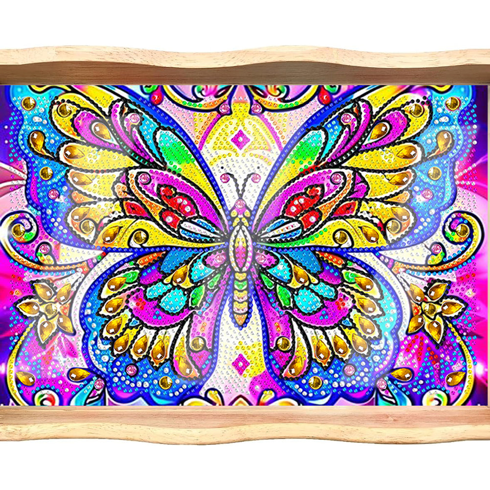 Wooden Butterfly Pattern 5D DIY Diamond Painting Table Serving Tray with Handle