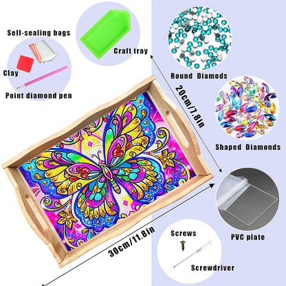 Wooden Butterfly Pattern 5D DIY Diamond Painting Table Serving Tray with Handle