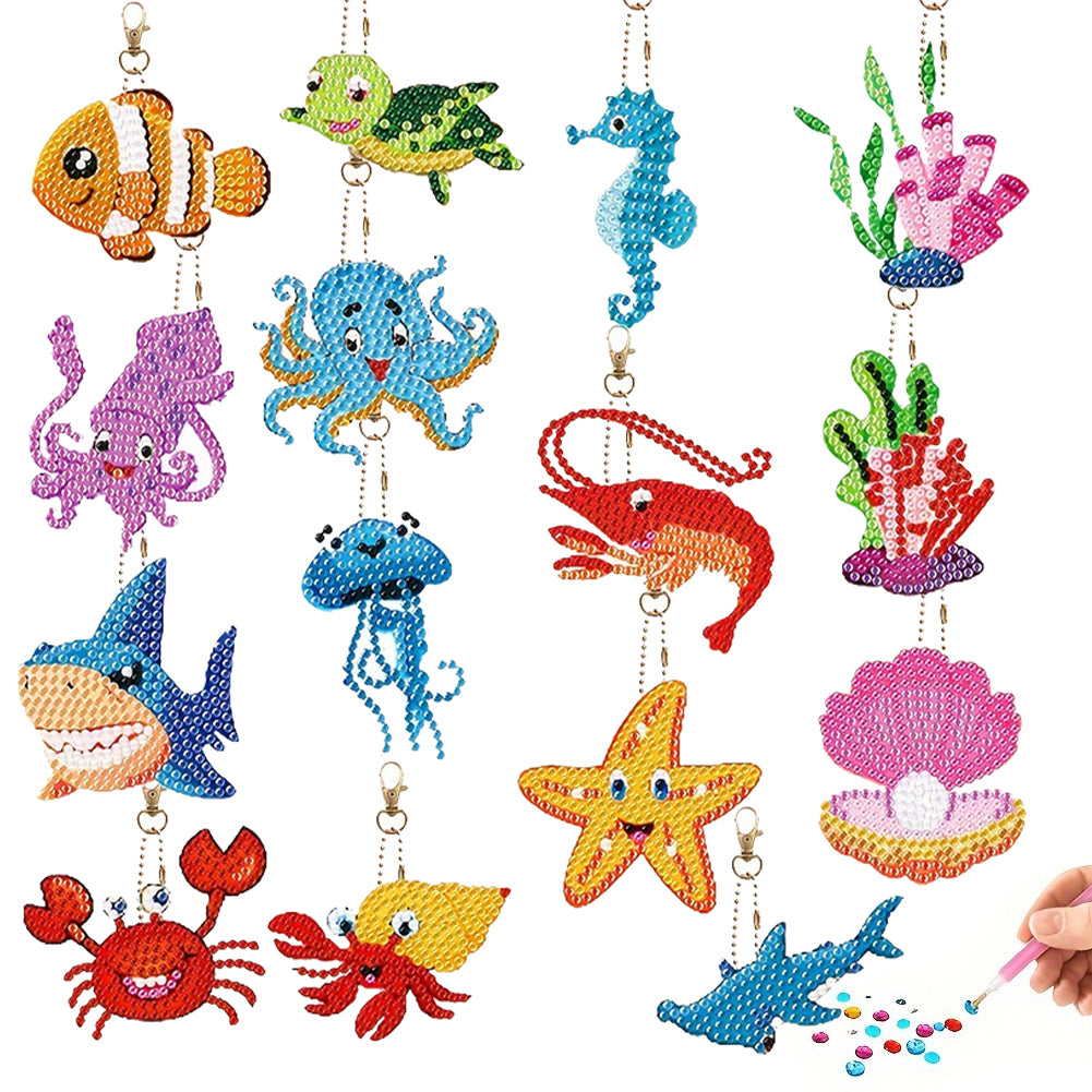 15Pcs Double Sided Marine Life Diamond Art Keyring for Home Birthday Party Decor