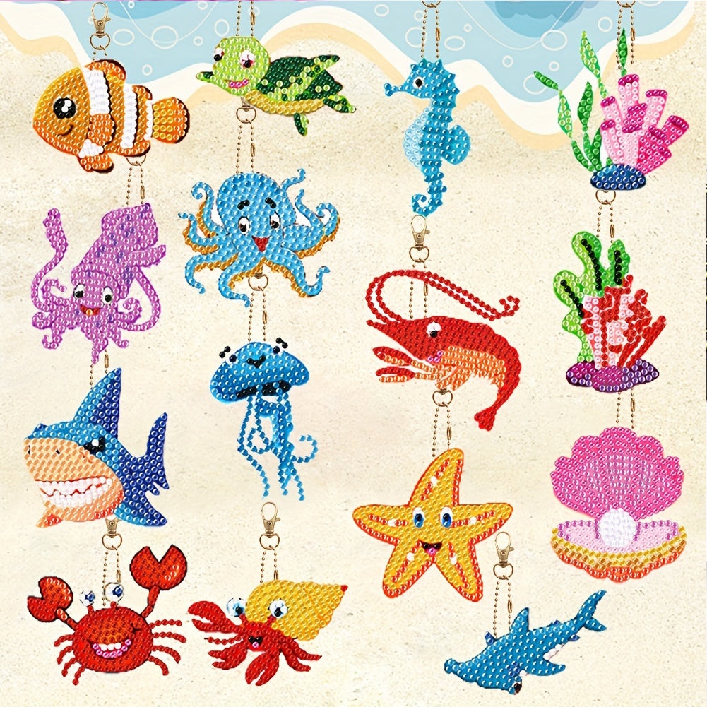 15Pcs Double Sided Marine Life Diamond Art Keyring for Home Birthday Party Decor