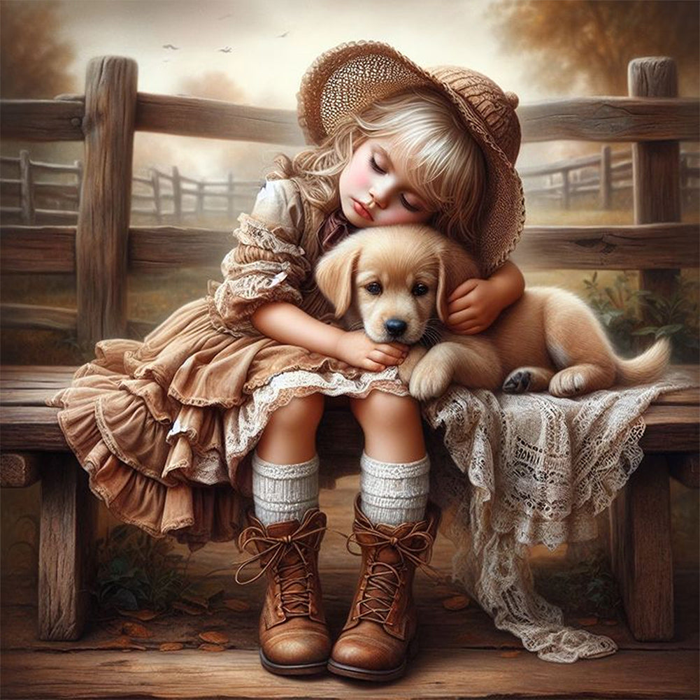 Girl Hugging Dog - Full Square Drill Diamond Painting 40*40CM