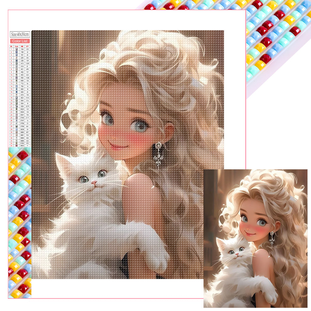 White Cat Girl - Full Square Drill Diamond Painting 30*40CM