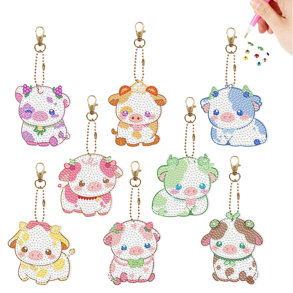 8Pcs PVC Double Sided Special Shaped Cartoon Calf Diamond Painting Art Keychain