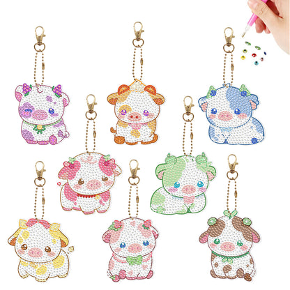 8Pcs PVC Double Sided Special Shaped Cartoon Calf Diamond Painting Art Keychain