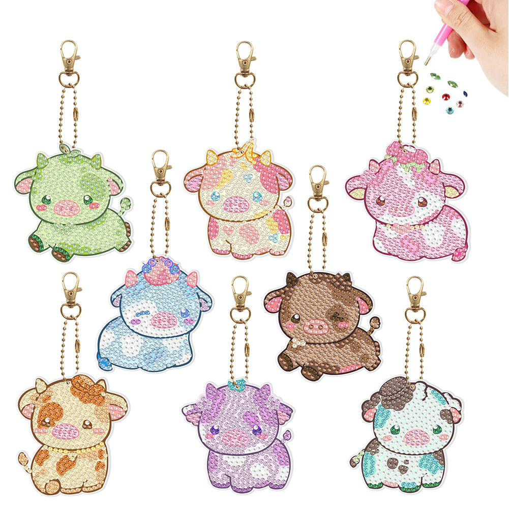 8Pcs PVC Double Sided Special Shaped Cartoon Calf Diamond Painting Art Keychain