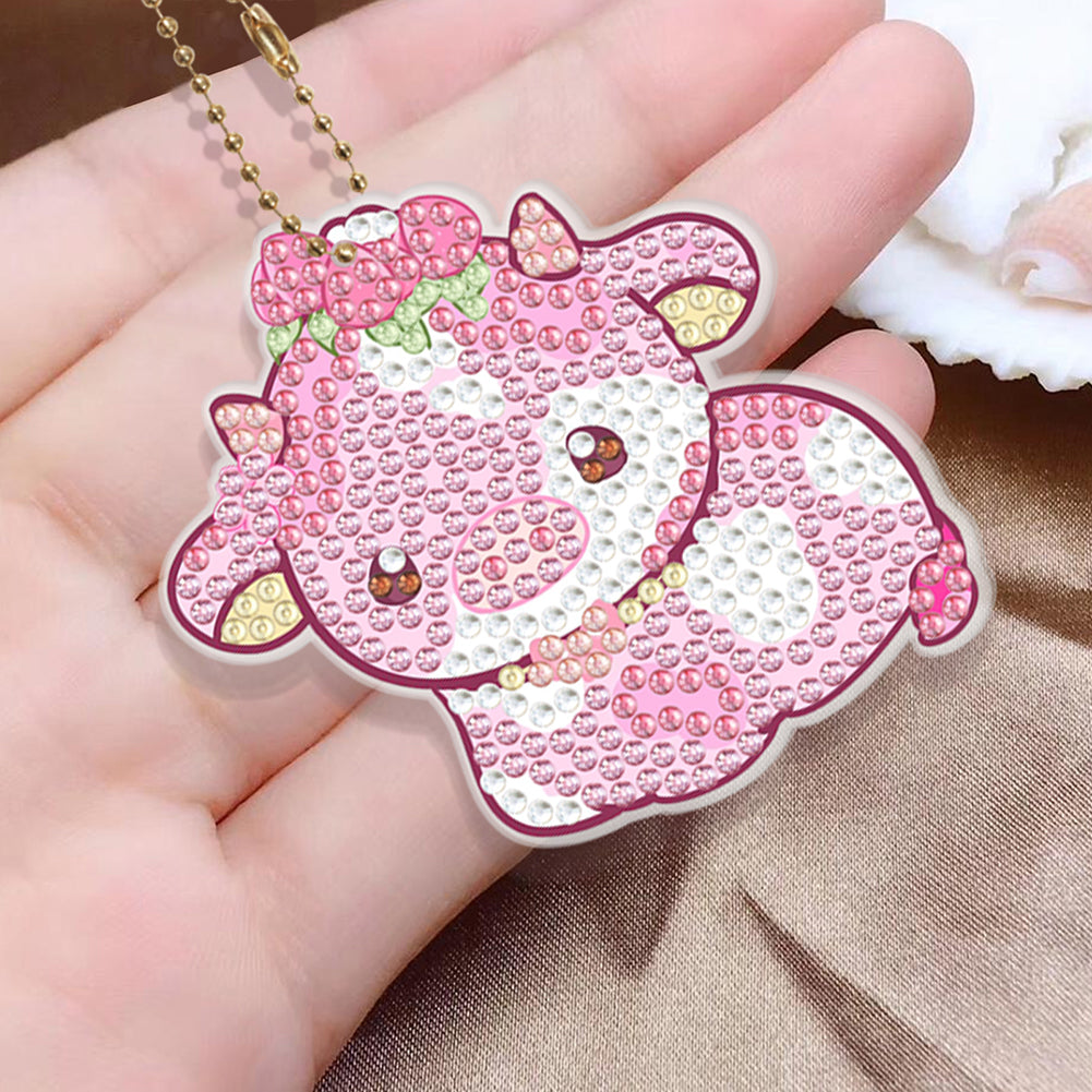 8Pcs PVC Double Sided Special Shaped Cartoon Calf Diamond Painting Art Keychain