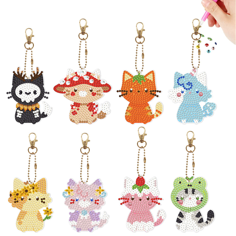 8Pcs PVC Double Sided Special Shaped Cartoon Cat Diamond Painting Art Keychain