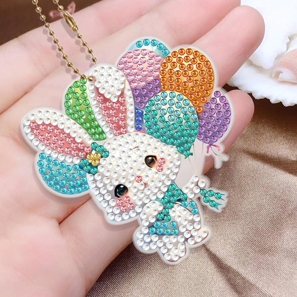 6Pcs PVC Double Sided Special Shaped Cute Bunny Diamond Painting Art Keychain