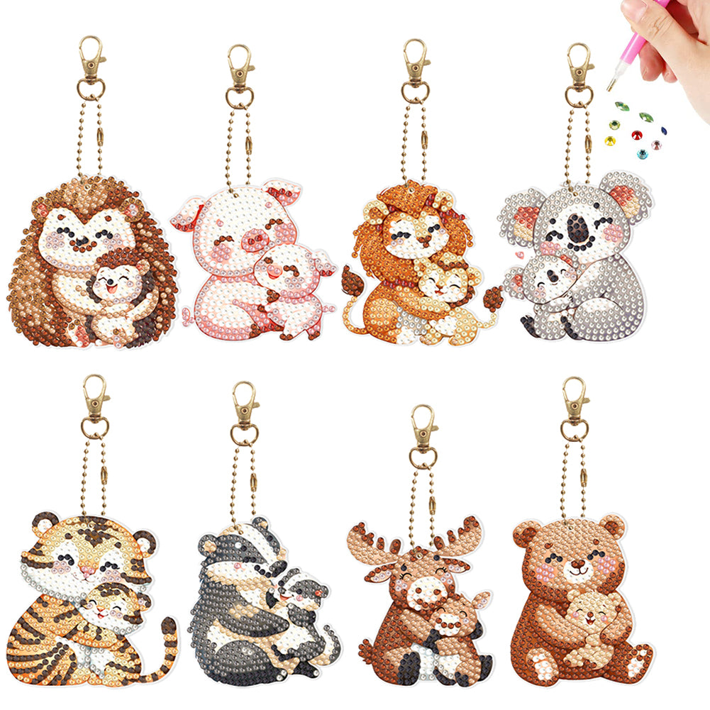 8Pcs PVC Double Sided Special Shaped Big Small Animals Diamond Painting Keychain