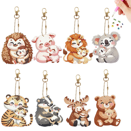 8Pcs PVC Double Sided Special Shaped Big Small Animals Diamond Painting Keychain
